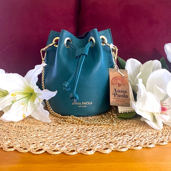 Anna Paola Italian Leather Bucket Bag + Crossbody Bag, Teal - Picture 2 of 16